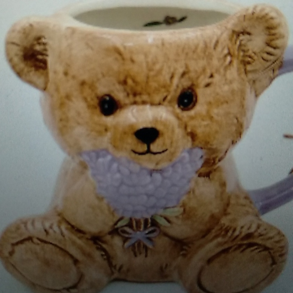 Simple & Sweet Teddy Bear Sculpted Ceramic‎ Mug Brown Lavender Floral 14oz NWT
